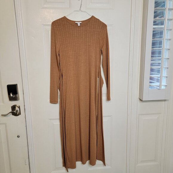Topshop Tan Ribbed Long Sleeve Midi Dress with Waist Tie | Size 10 - Picture 10 of 12